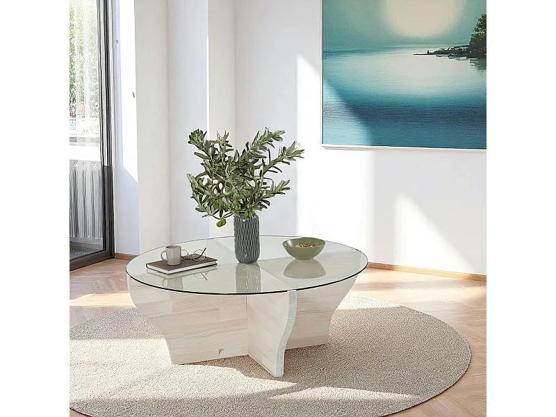 Table basse blanche en verre et bois - pied en X, ANZIO