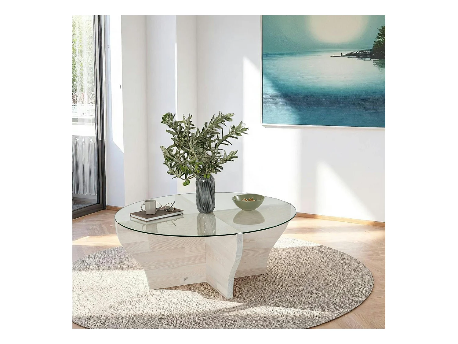 Table basse blanche en verre et bois - pied en X, ANZIO