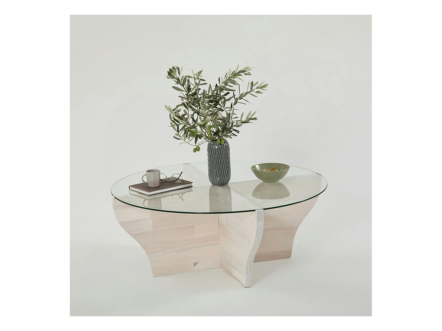 Table basse blanche en verre et bois - pied en X, ANZIO