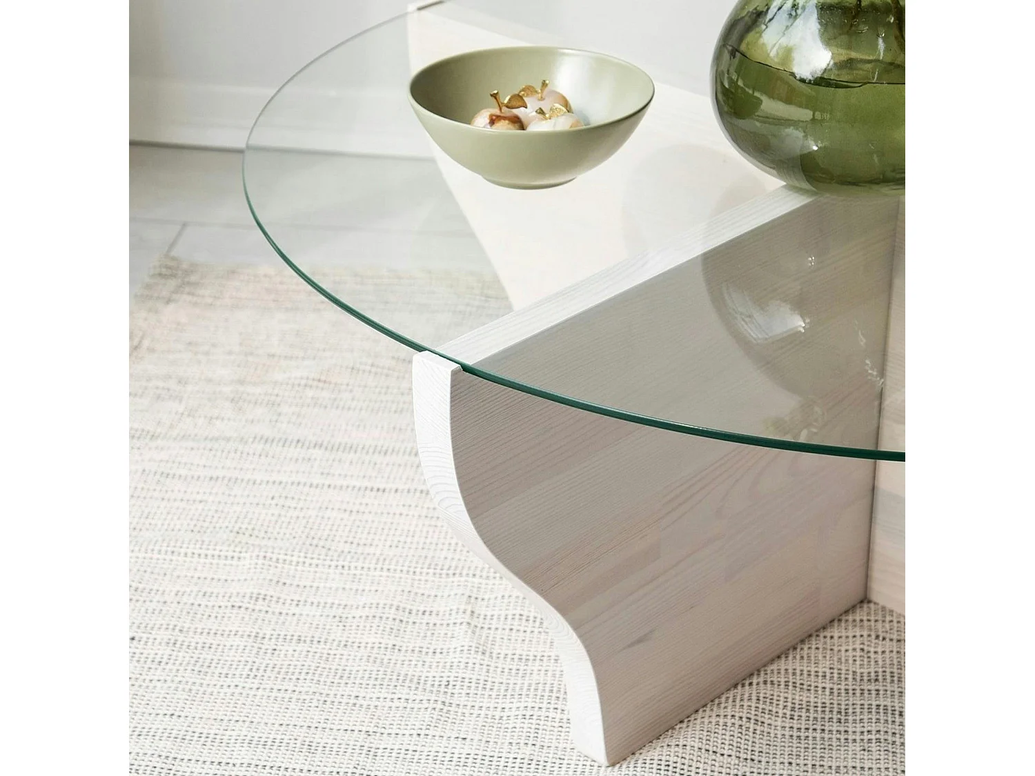 Table basse blanche en verre et bois - pied en X, ANZIO