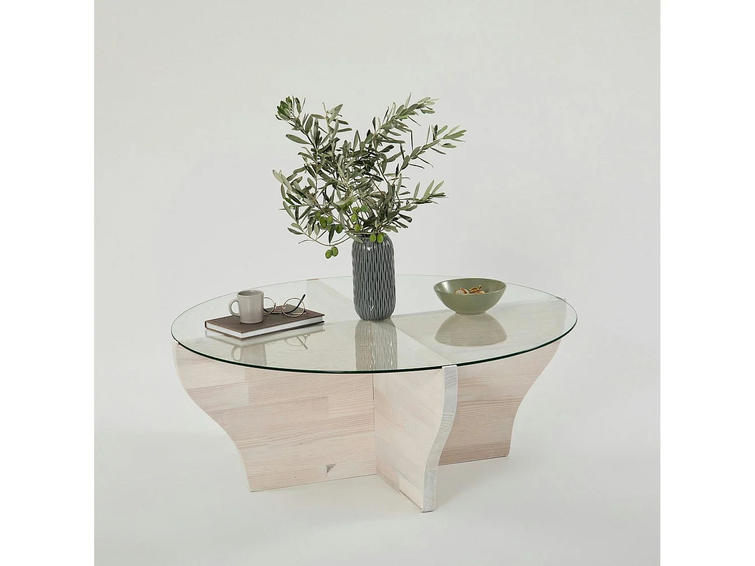 Table basse blanche en verre et bois - pied en X, ANZIO