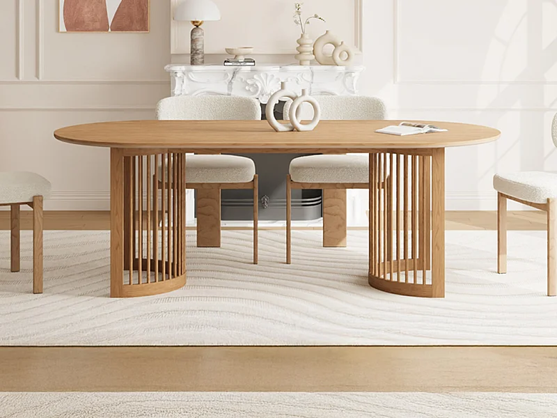 Table à manger 8 personnes placage chêne et bois d'hévéa - Naturel - NELIRAM