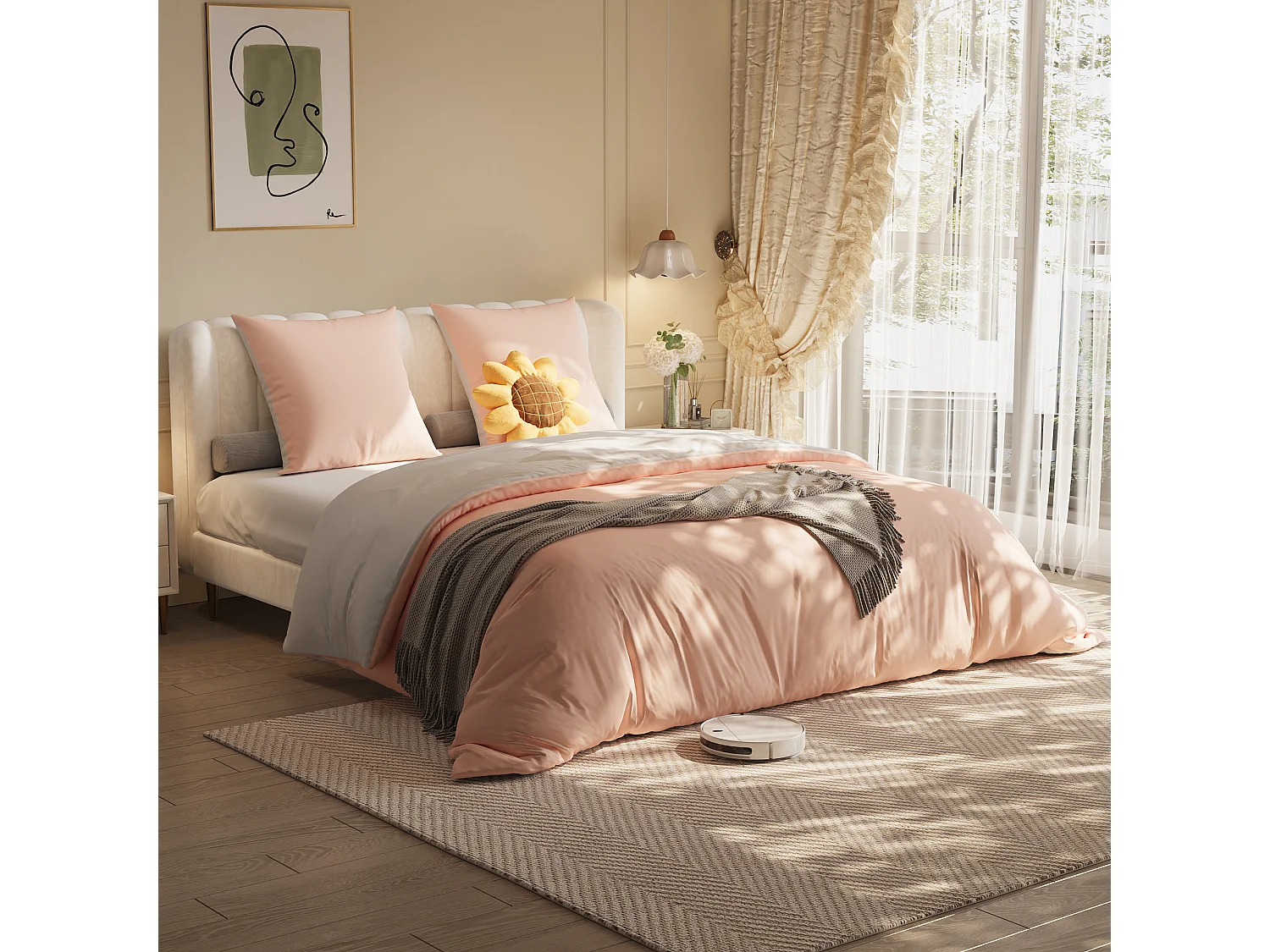 Conjunto de cama de poliéster com 4 peças, 160 x 200 cm, algodão com estampa xadrez estética, resistente a rugas e desbotamento - rosa