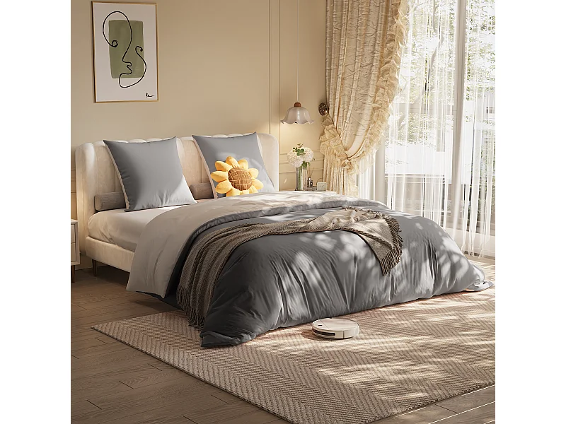 Conjunto de cama de poliéster com 4 peças, 160 x 200 cm, algodão com estampa xadrez estética, resistente a rugas e desbotamento - cinza