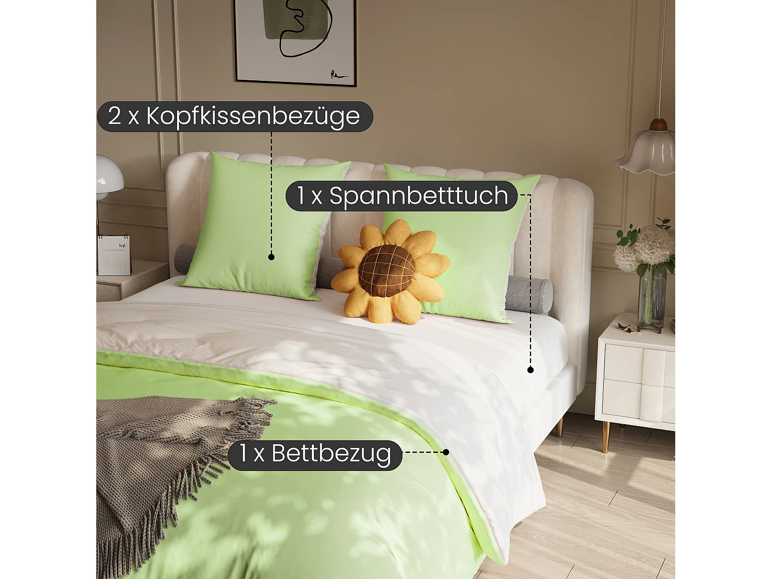 Conjunto de cama de poliéster com 4 peças, 140 x 200 cm, algodão com estampa xadrez estética, resistente a rugas e desbotamento - verde