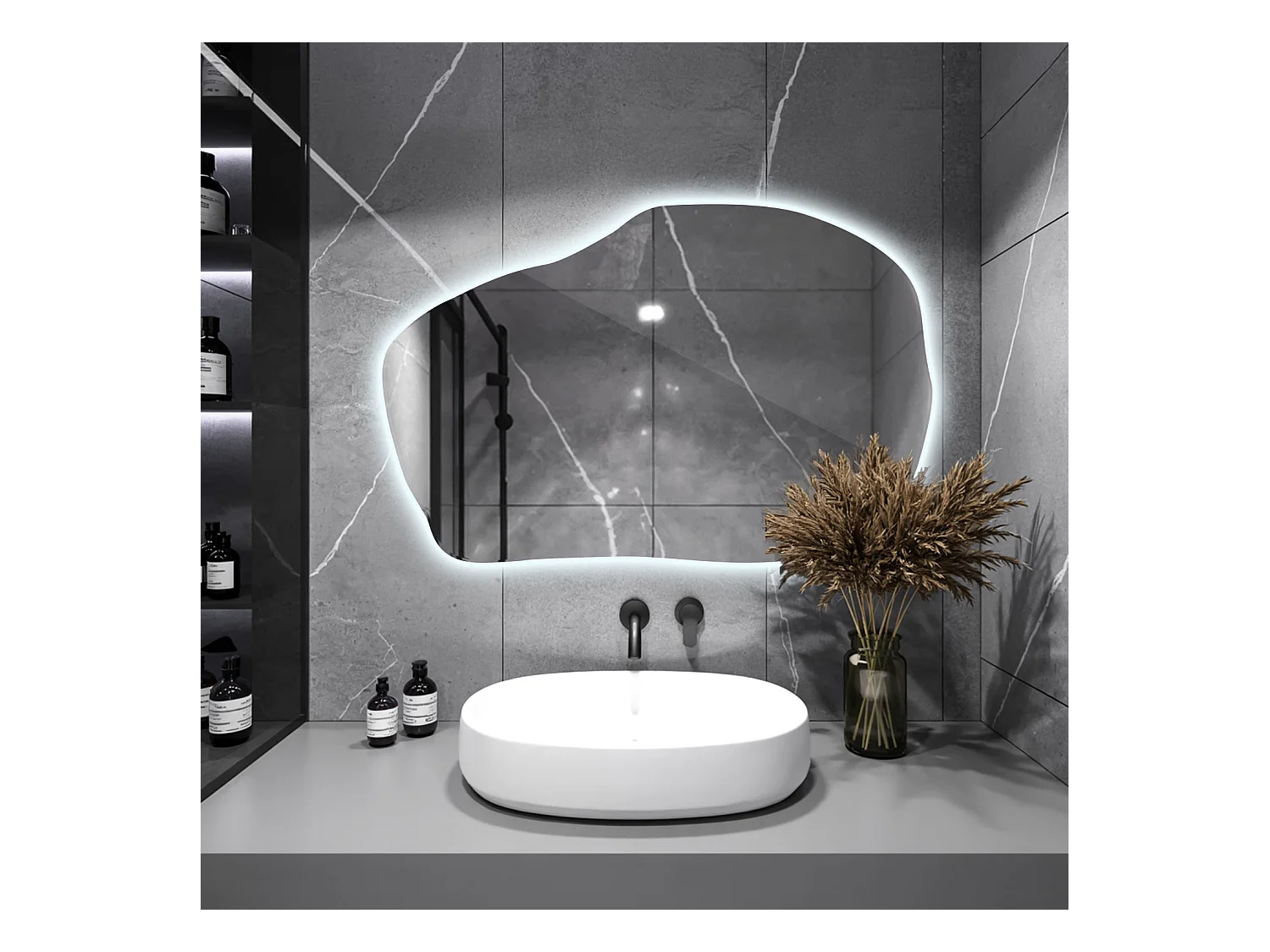 Miroir décoratif organique LED de Tulup, Lumière froide, 80 cm x 52 cm, pour Salle de Bains Salon Chambre