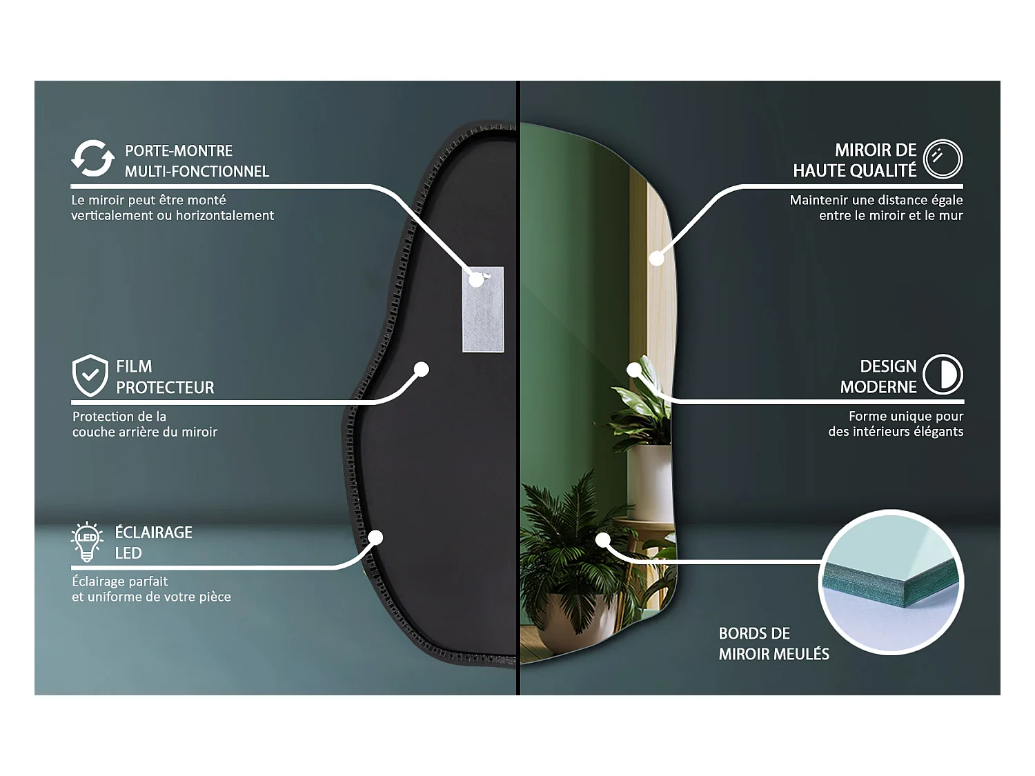 Miroir LED suspendu Tulup, Lumière chaude, 90 cm x 58, 5 cm, Forme irrégulière