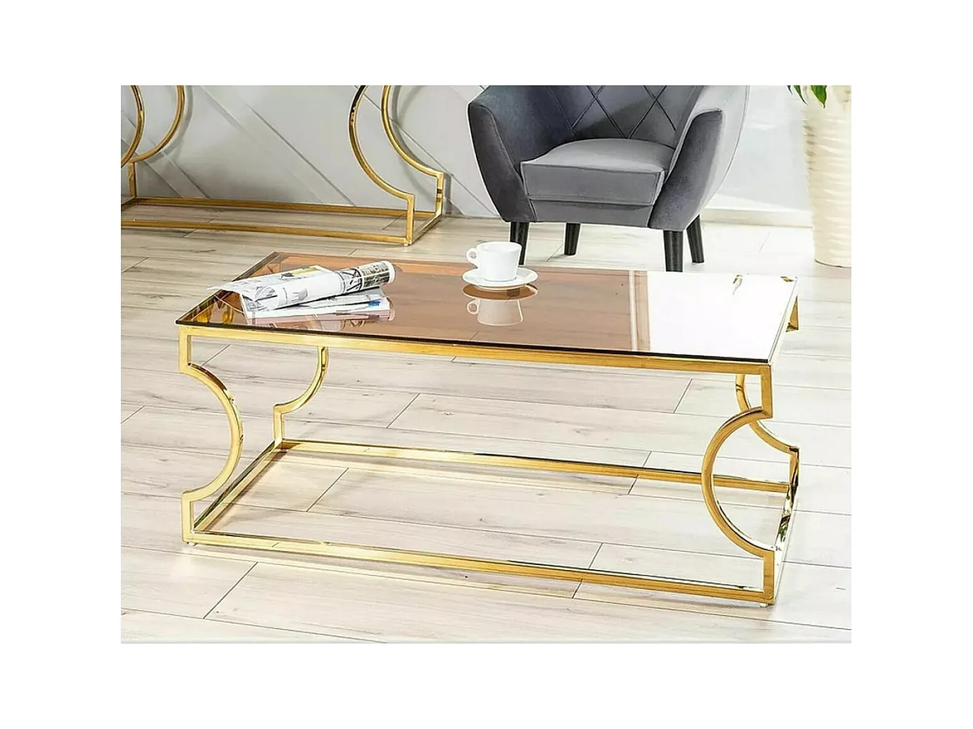 Tavolino Kenso/acciaio inossidabile e vetro/oro