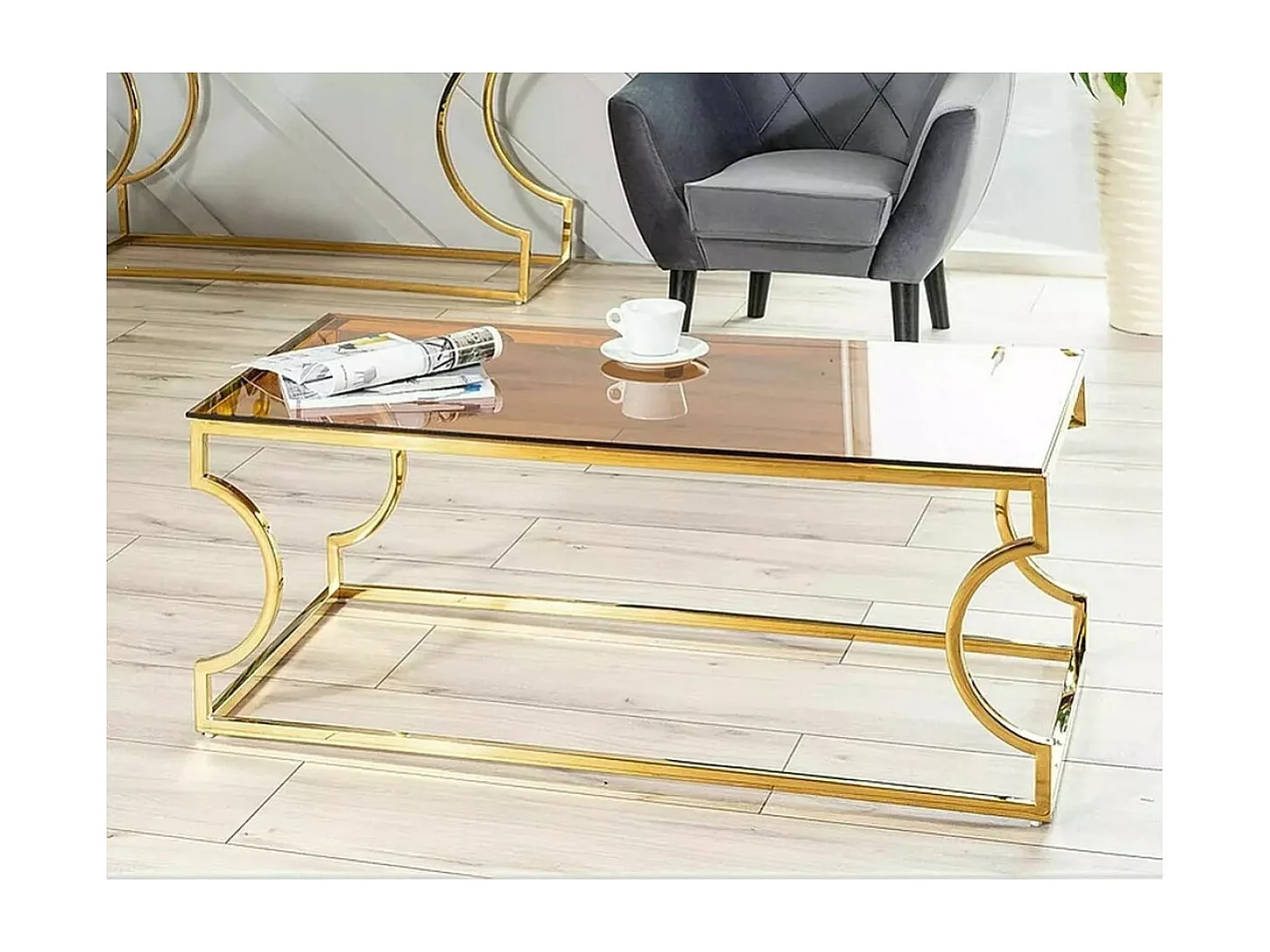 Table basse Kenso/acier inoxydable et verre/or