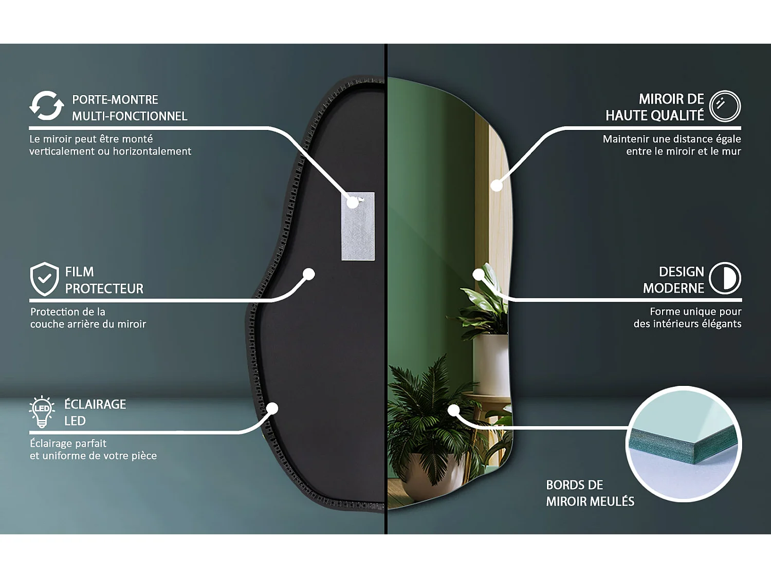 Dekorativer LED-Spiegel von Tulup, Neutrales Licht, 100 cm x 65 cm, für Wohnzimmer Badezimmer Schlafzimmer