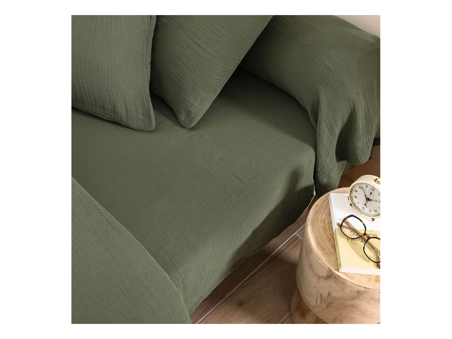 Drap housse 90x190 gaze de coton kaki Terre de Nuit NOA - NOA