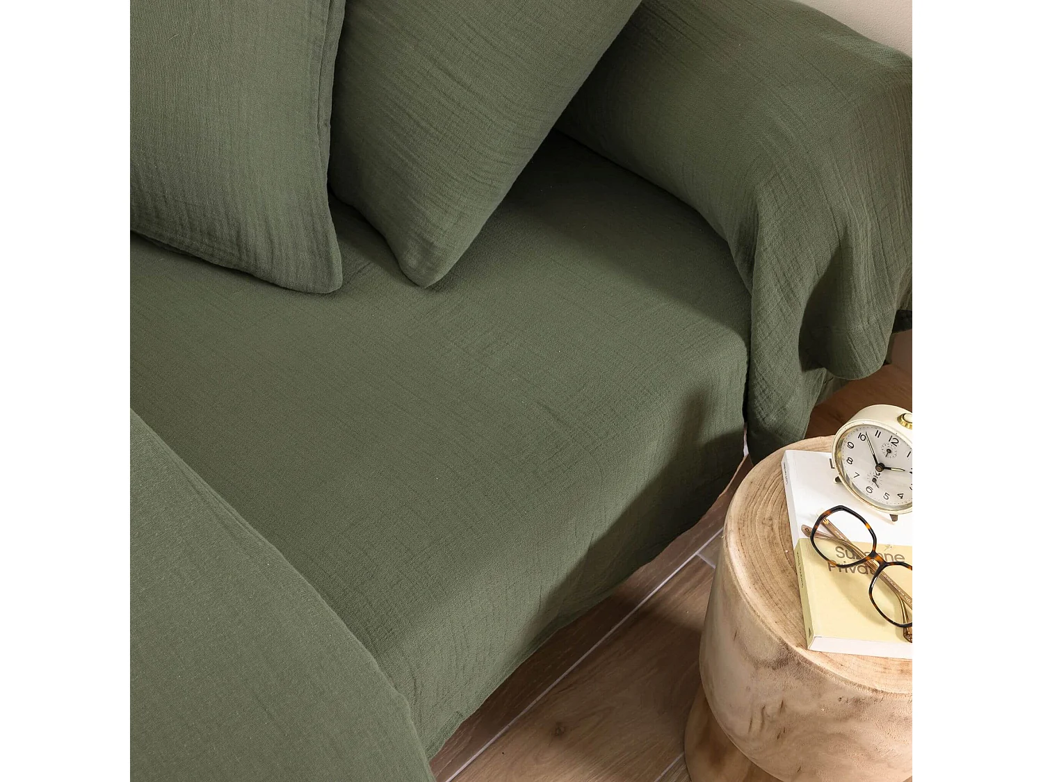 Drap housse 160x200 gaze de coton kaki Terre de Nuit NOA - NOA