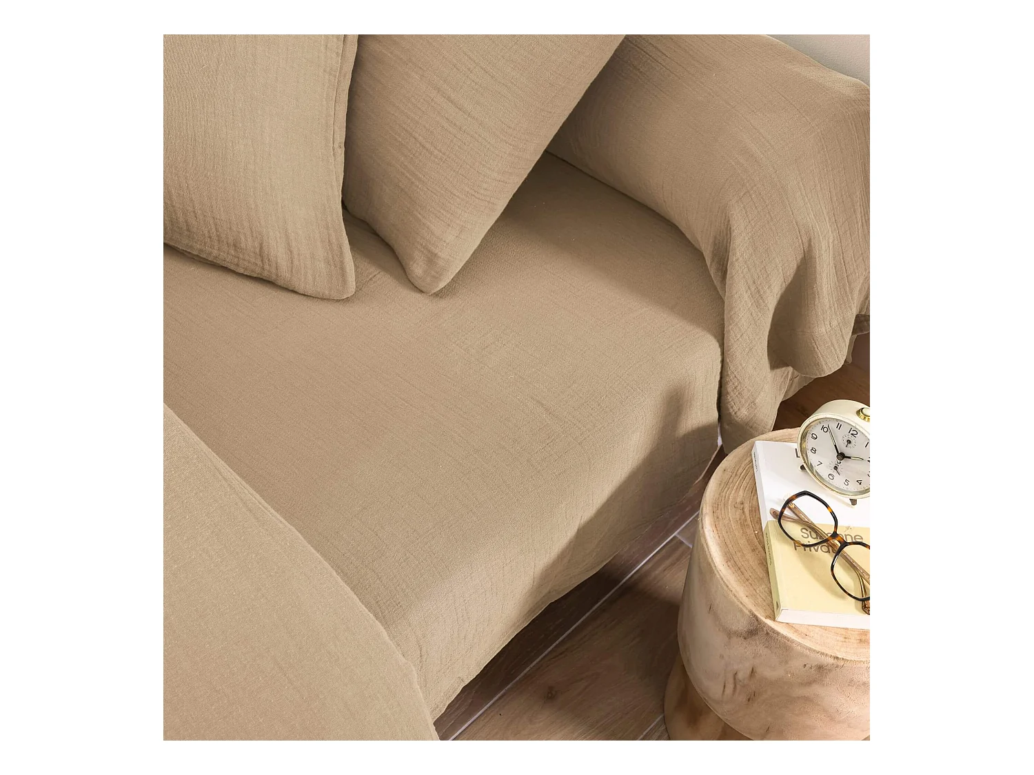 Drap housse 90x190 gaze de coton beige Terre de Nuit NOA - NOA