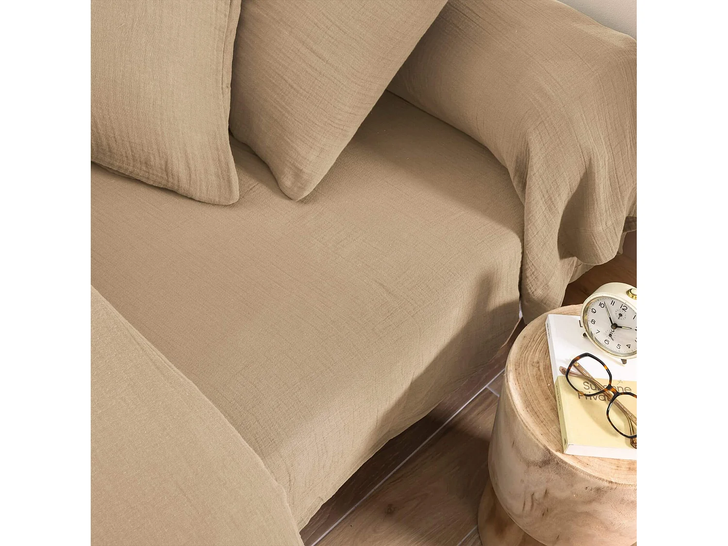 Drap housse 180x200 gaze de coton beige Terre de Nuit NOA - NOA