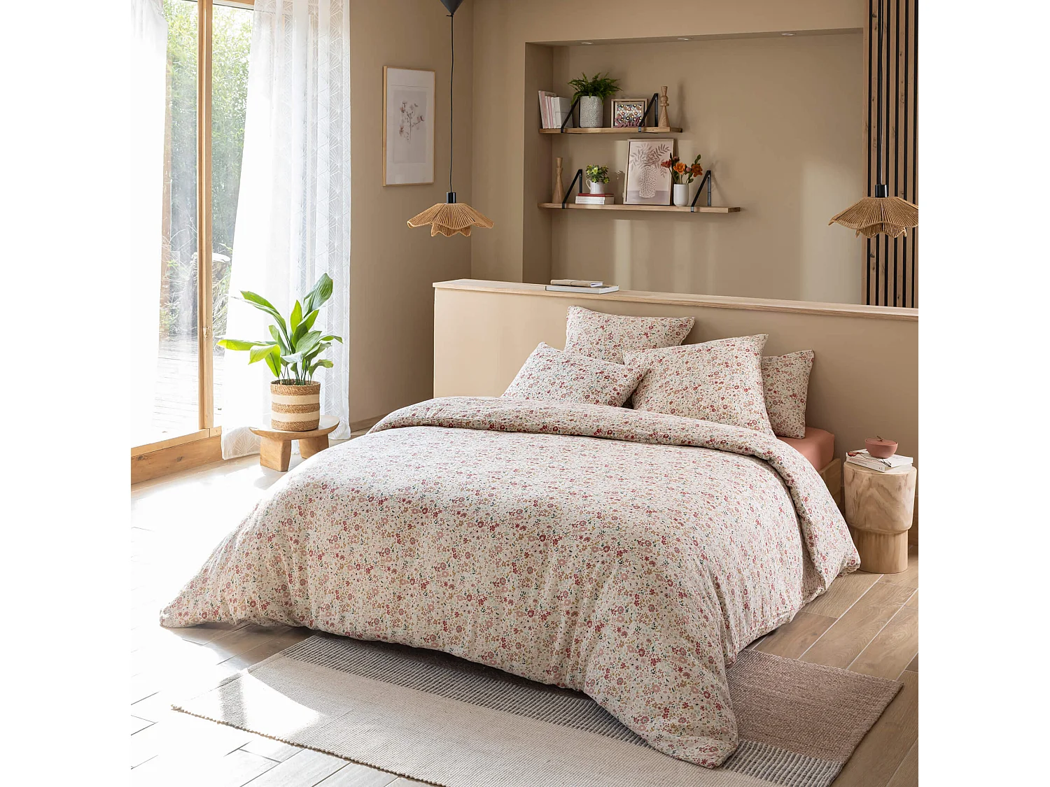 Housse de couette 200x200 gaze de coton à fleurs roses Terre de Nuit