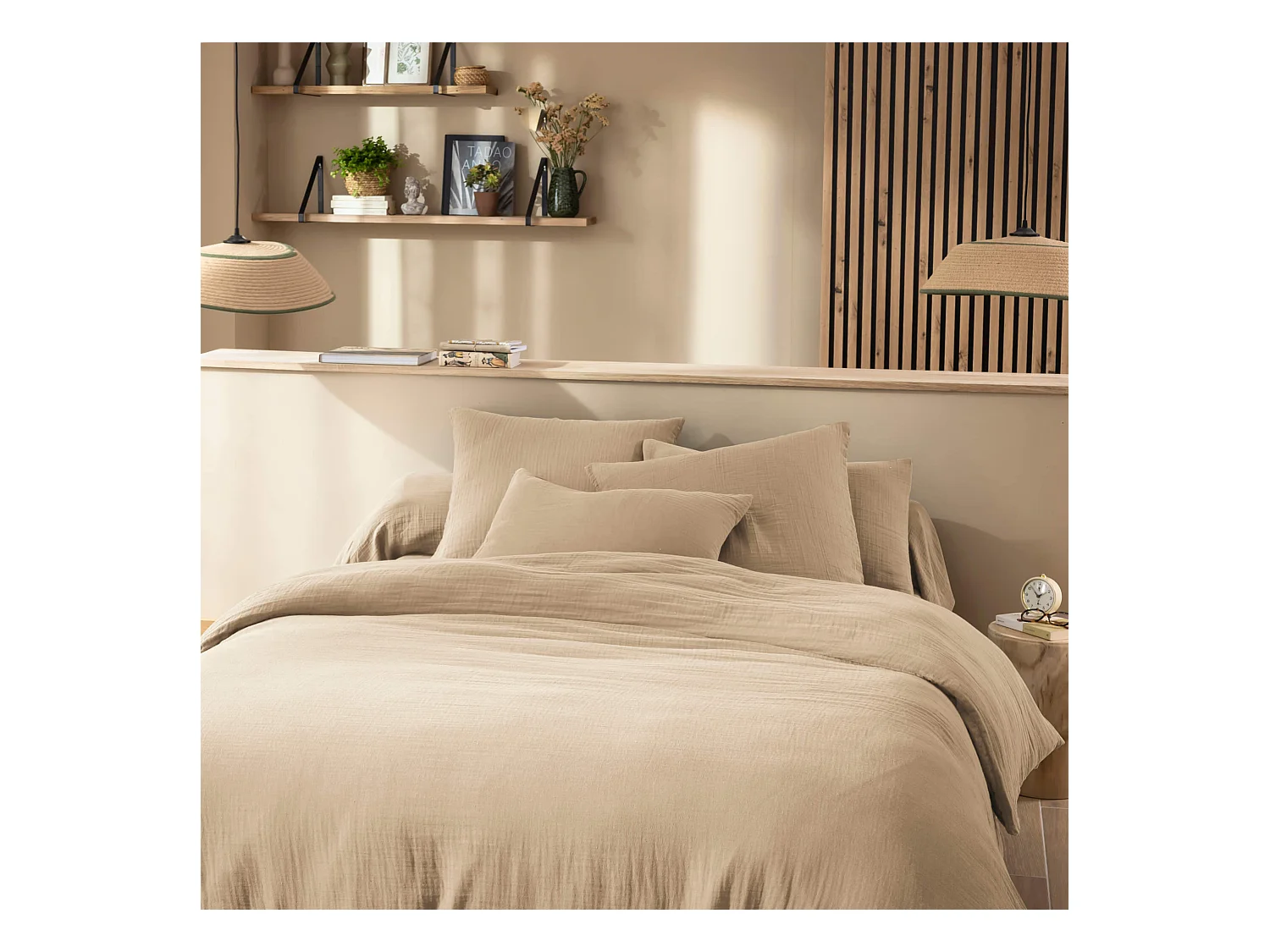 Housse de couette 260x240 gaze de coton beige Terre de Nuit NOA - NOA