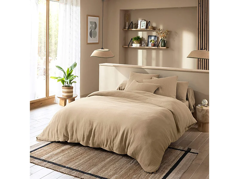Housse de couette 240x220 gaze de coton beige Terre de Nuit NOA  - NOA