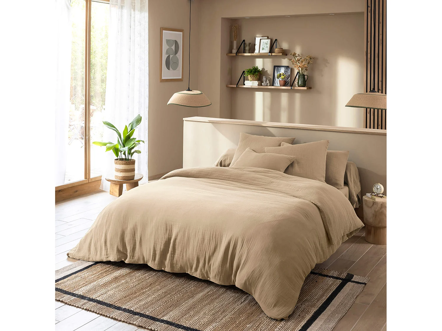 Housse de couette 140x200 gaze de coton beige Terre de Nuit NOA - NOA