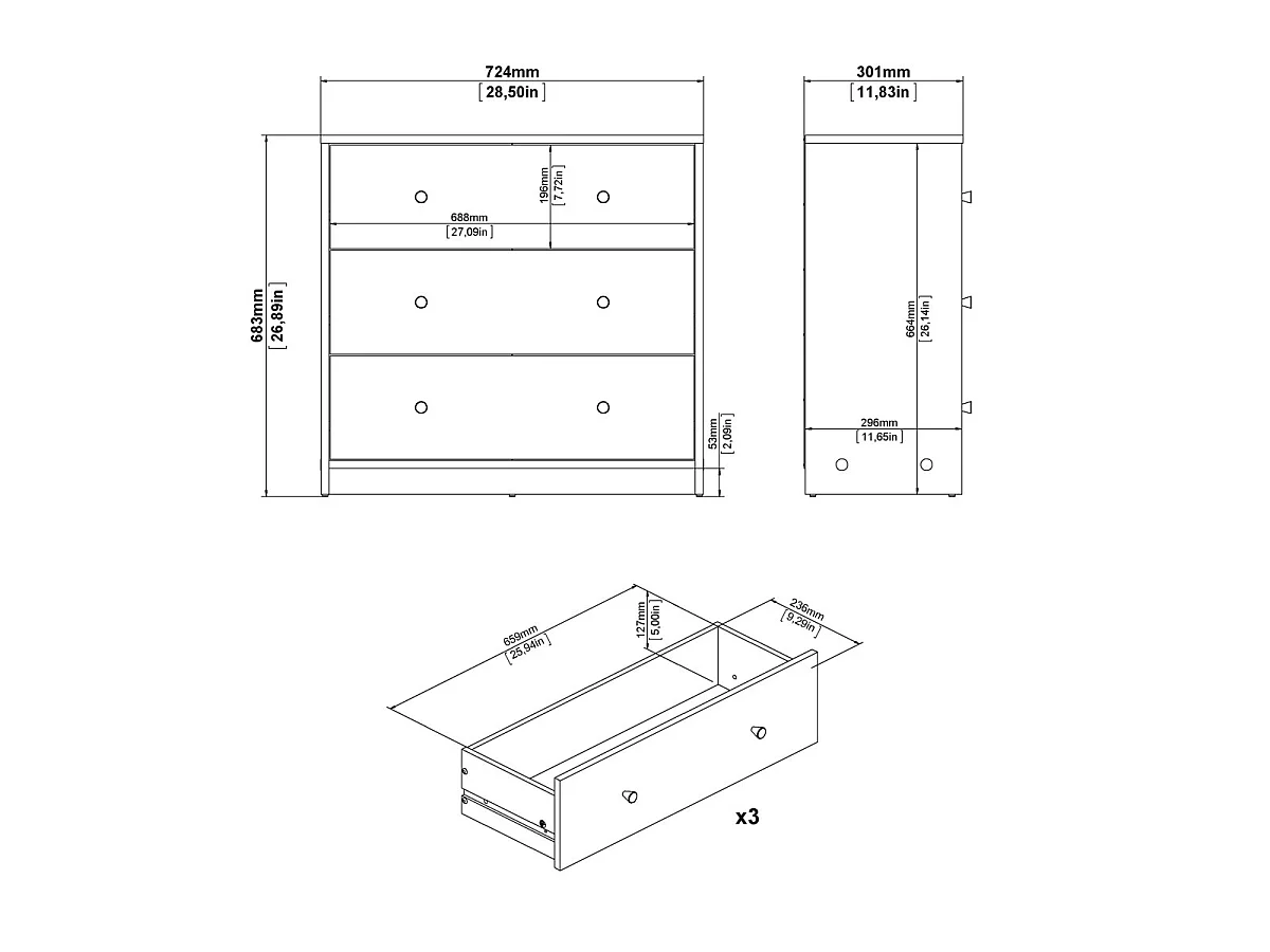 Ladekast met 3 lades B72,4 cm – LISE