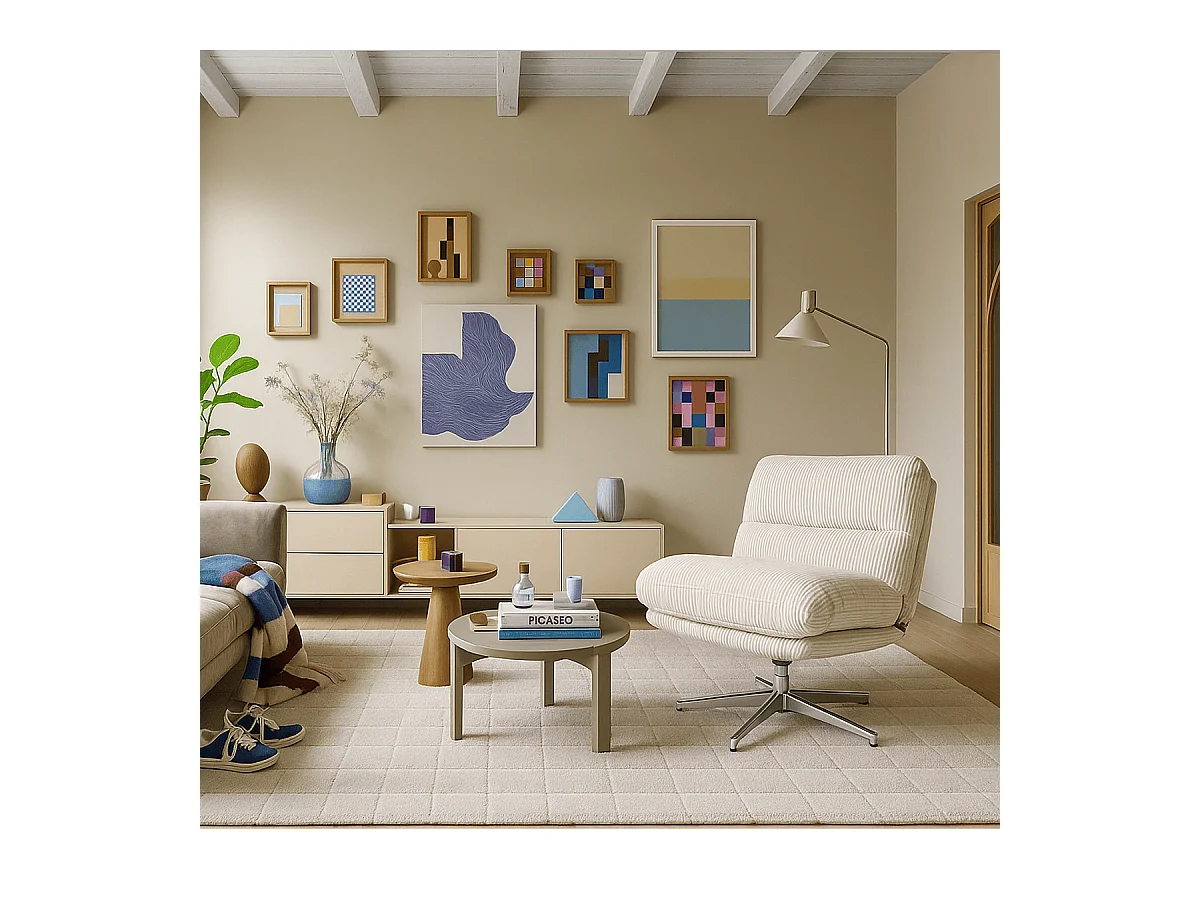 Fauteuil pivotant en velours cotelé beige et piètement chromé - Julia