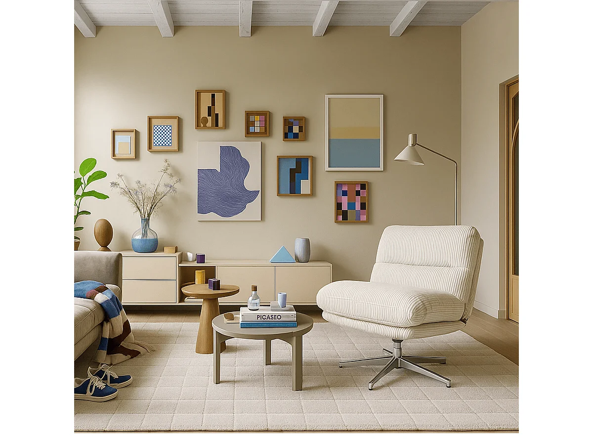 Fauteuil pivotant en velours cotelé beige et piètement chromé - Julia