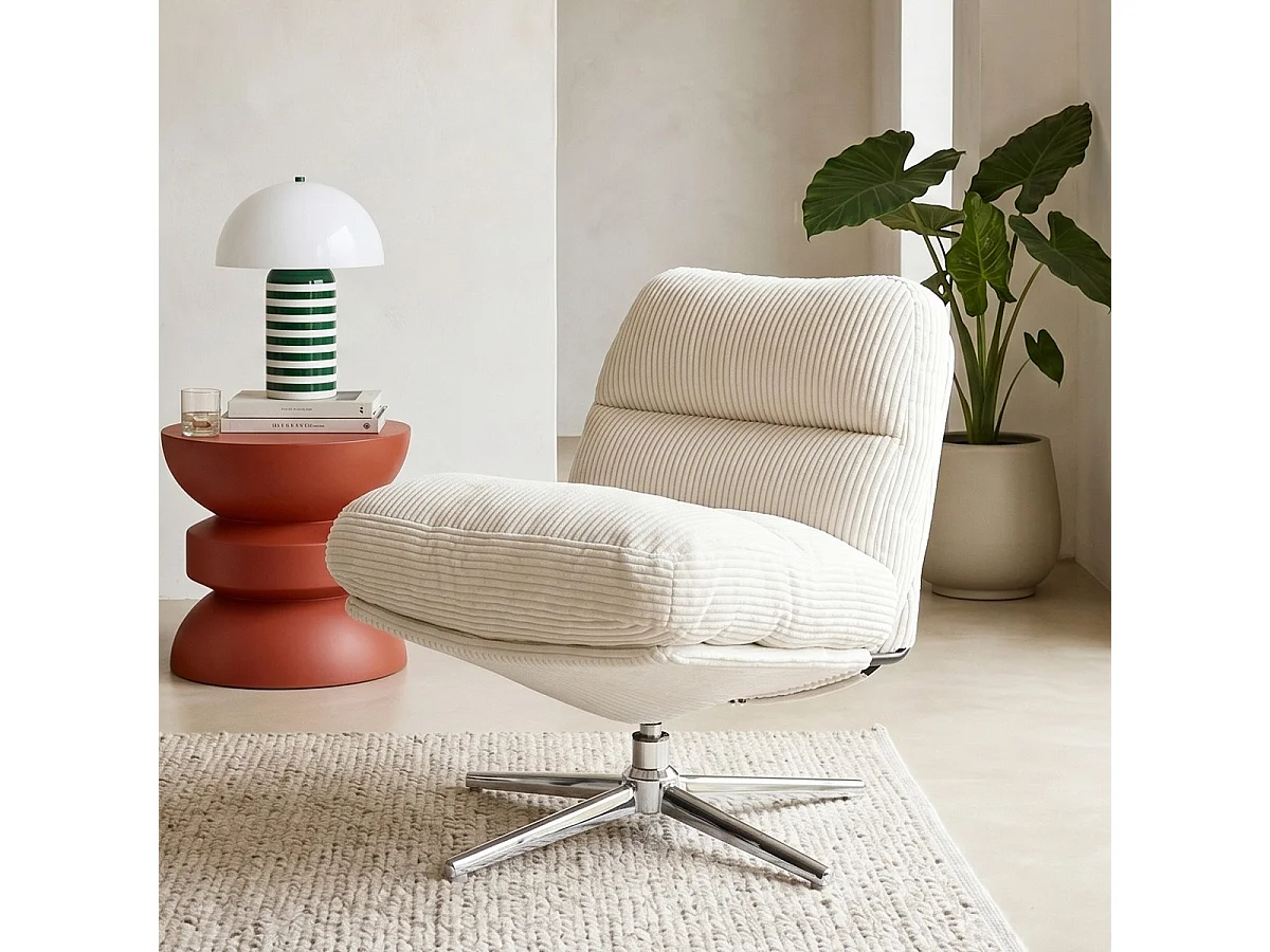 Fauteuil pivotant en velours cotelé beige et piètement chromé - Julia
