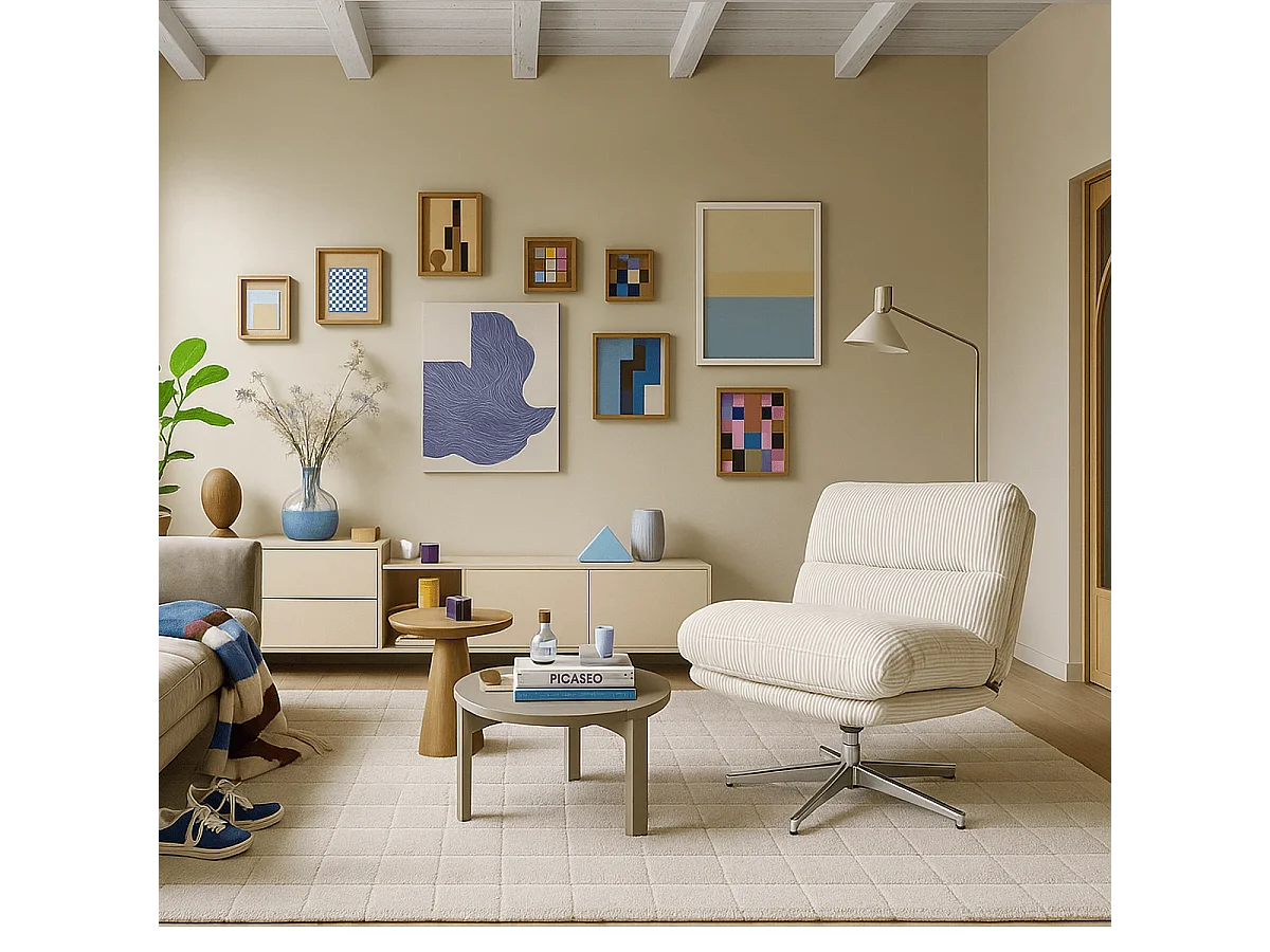 Fauteuil pivotant en velours cotelé beige et piètement chromé - Julia