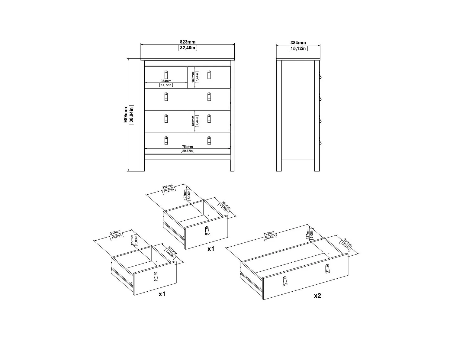 Ladekast met 5 lades matzwart H98,9 cm – BARCELONE