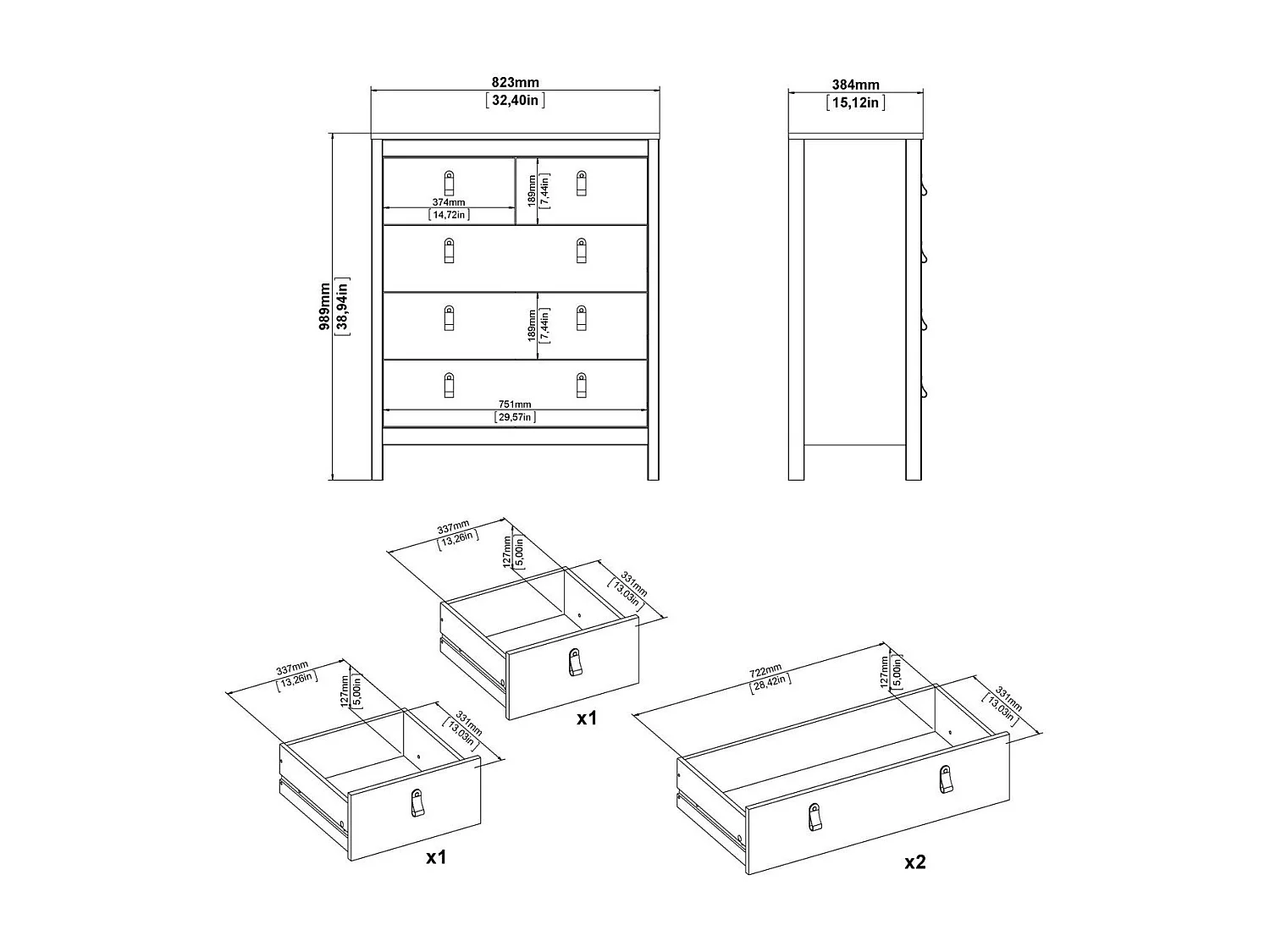 Commode 5 tiroirs noir mat H98,9 cm - BARCELONE