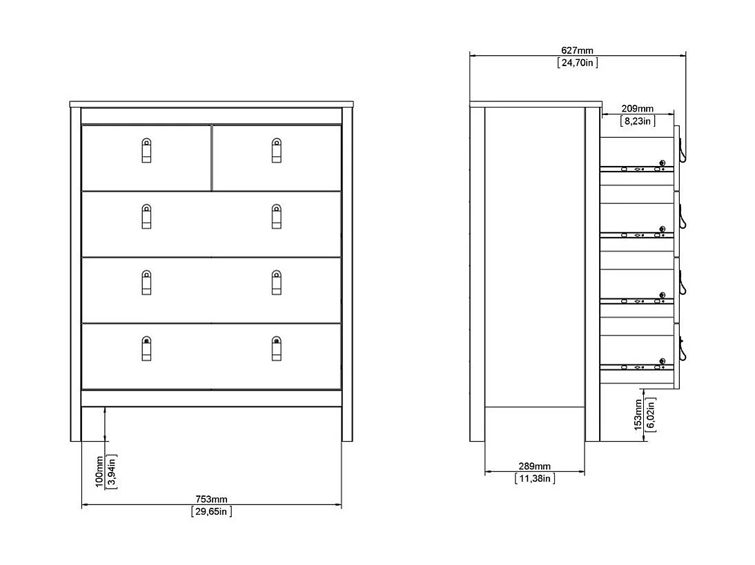 Commode 5 tiroirs noir mat H98,9 cm - BARCELONE