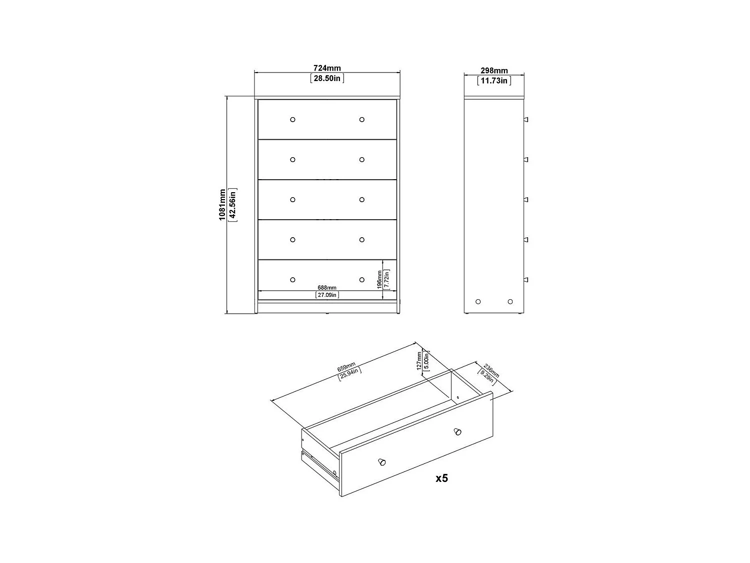Commode 5 tiroirs blanc H108 cm - LISE