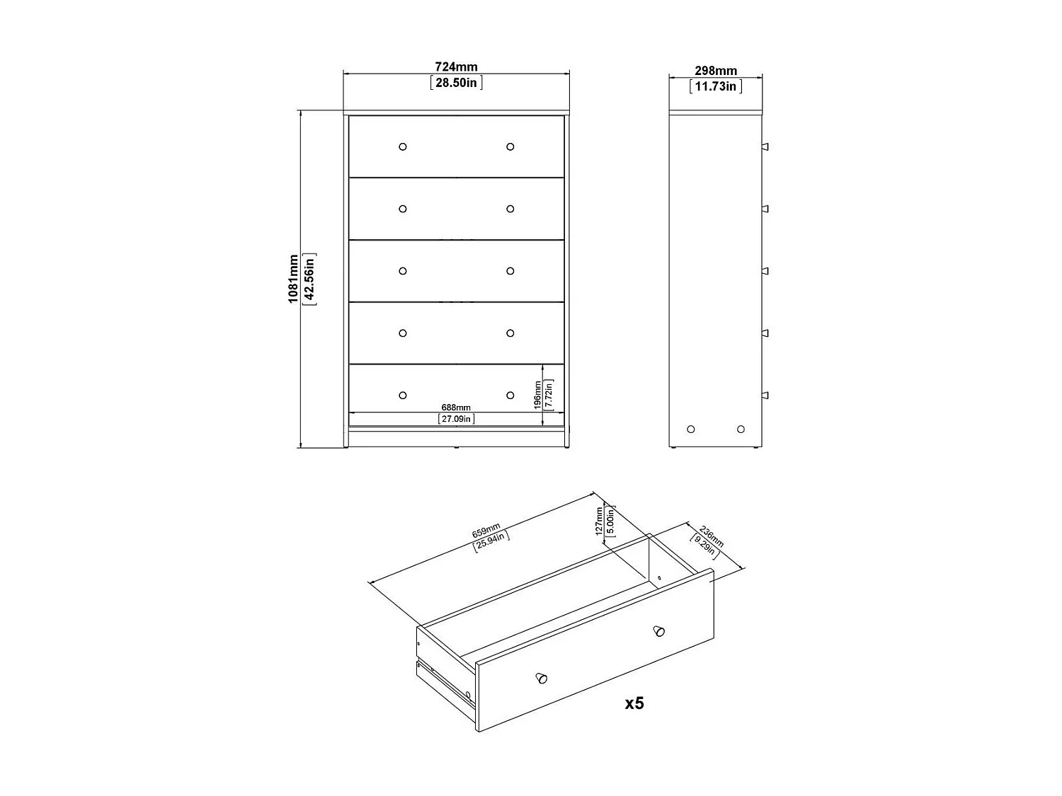 Commode 5 tiroirs blanc H108 cm - LISE