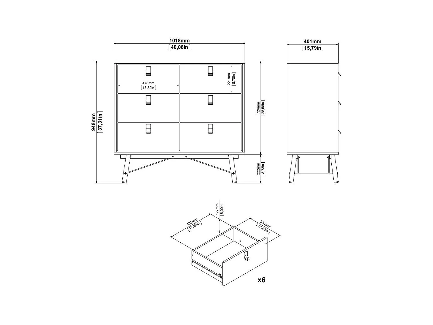 Commode double 6 tiroirs avec piètement métallique L101,8 cm - JOYCE