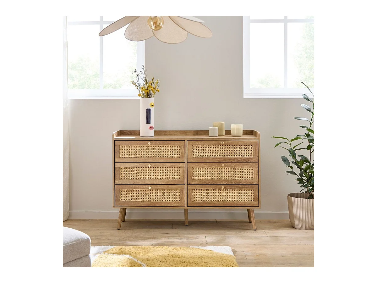 Commode 6 tiroirs avec façades en rotin naturel L120 cm - PALMO