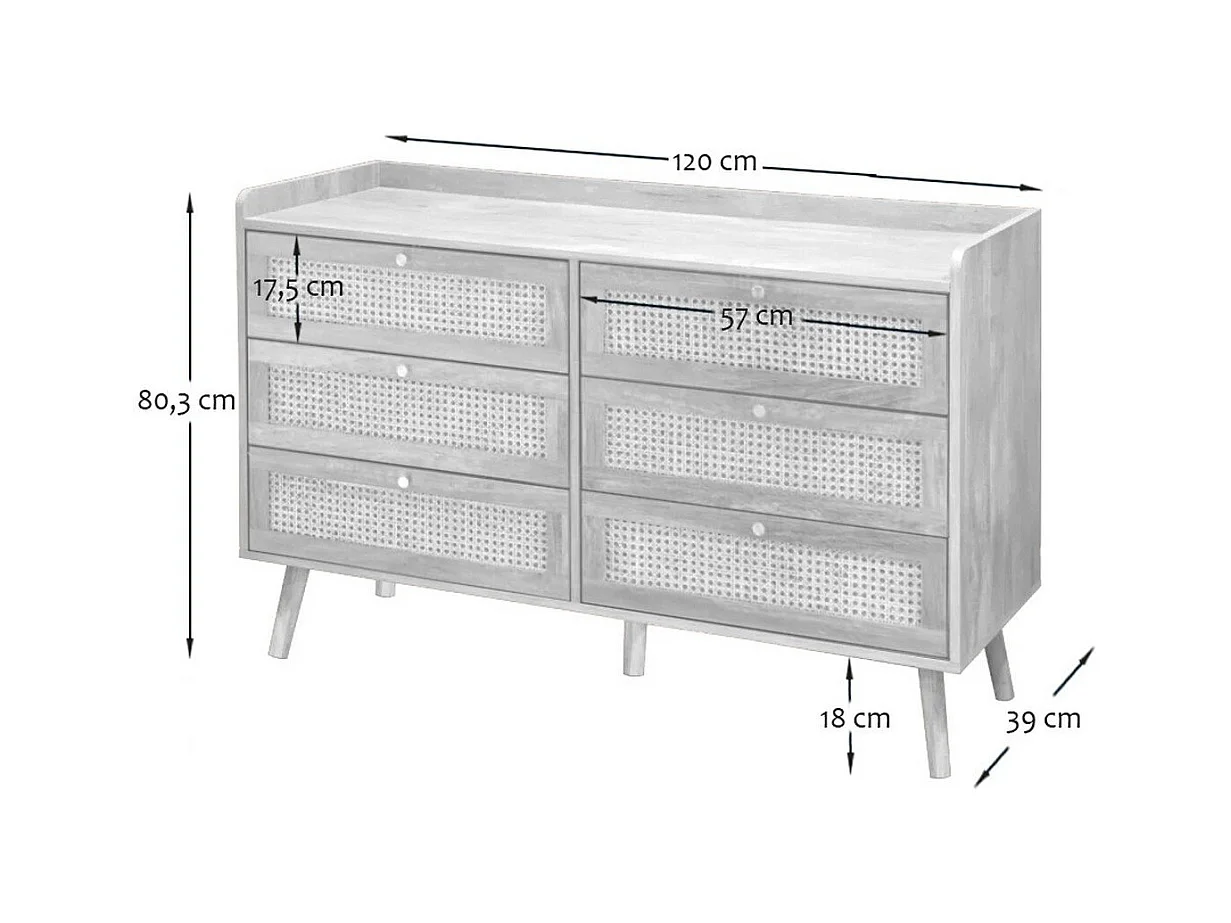 Commode 6 tiroirs avec façades en rotin naturel L120 cm - PALMO