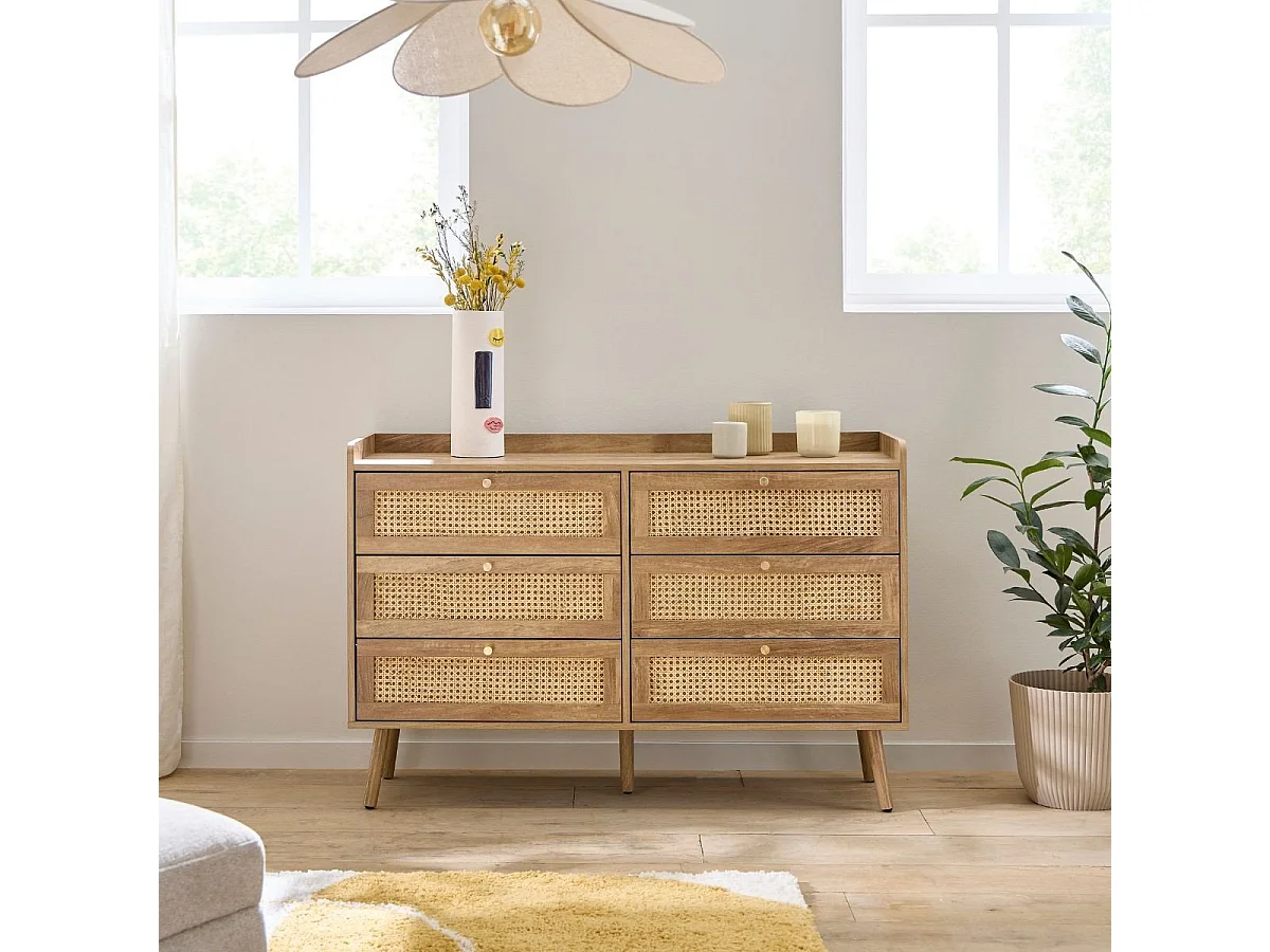 Commode 6 tiroirs avec façades en rotin naturel L120 cm - PALMO