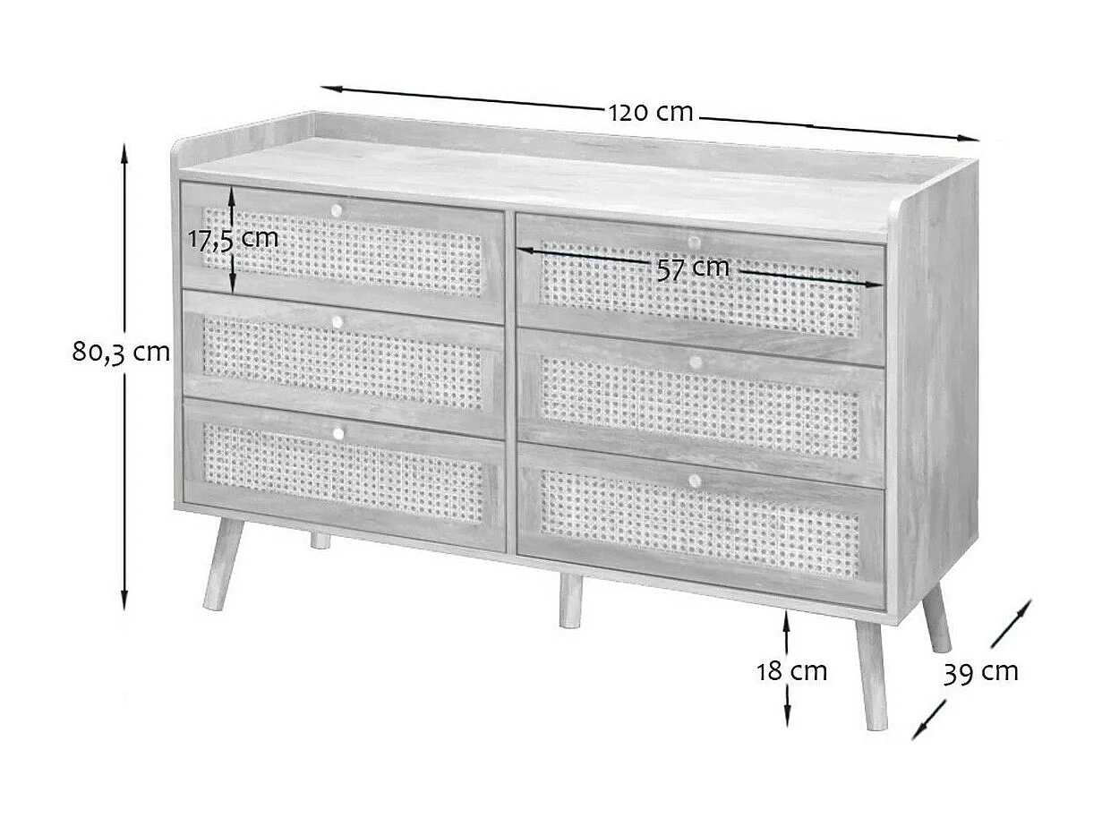 Commode 6 tiroirs avec façades en rotin naturel L120 cm - PALMO