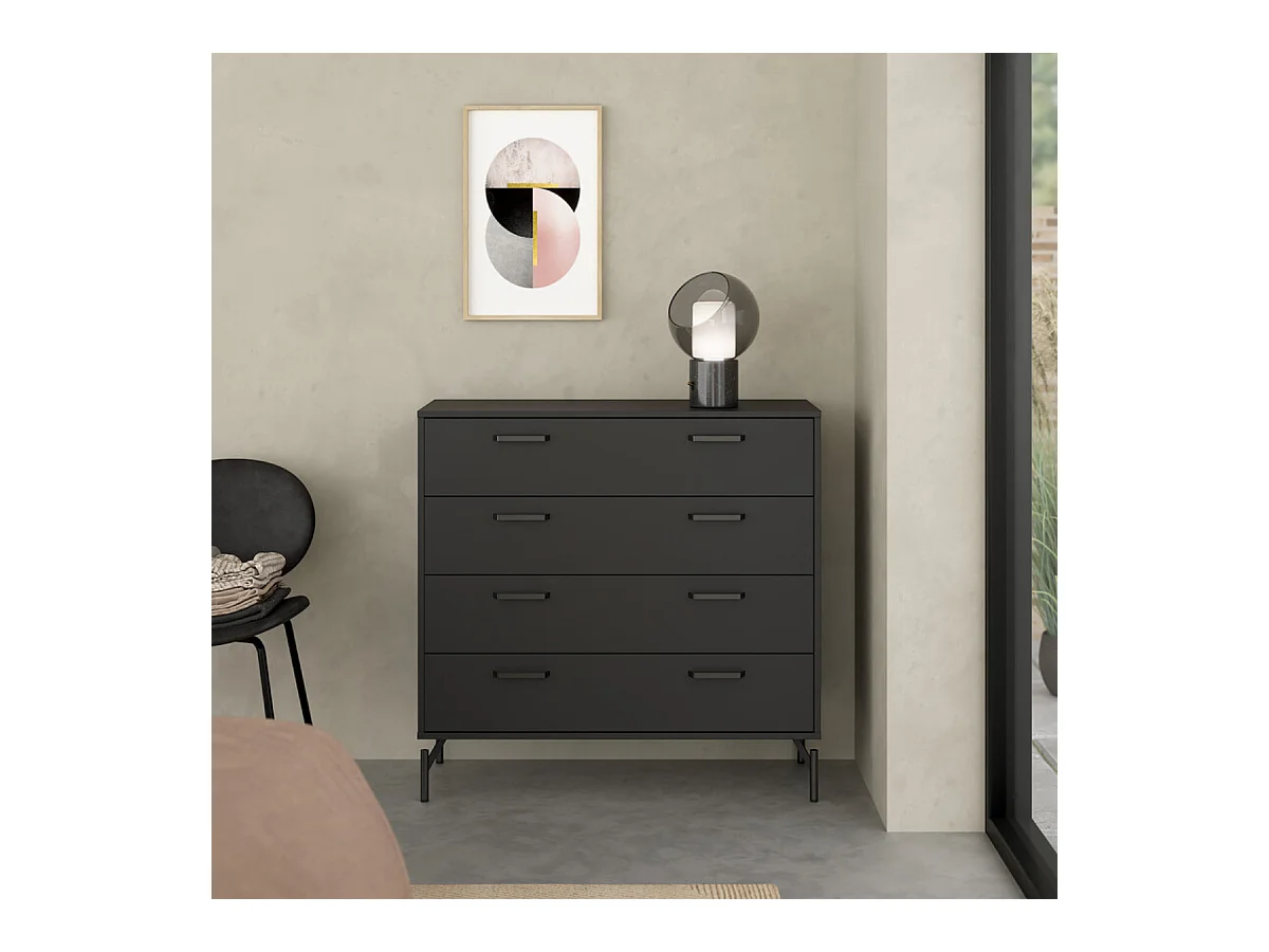 Commode 4 tiroirs noir mat avec piètement métaL H96 cm - BORA