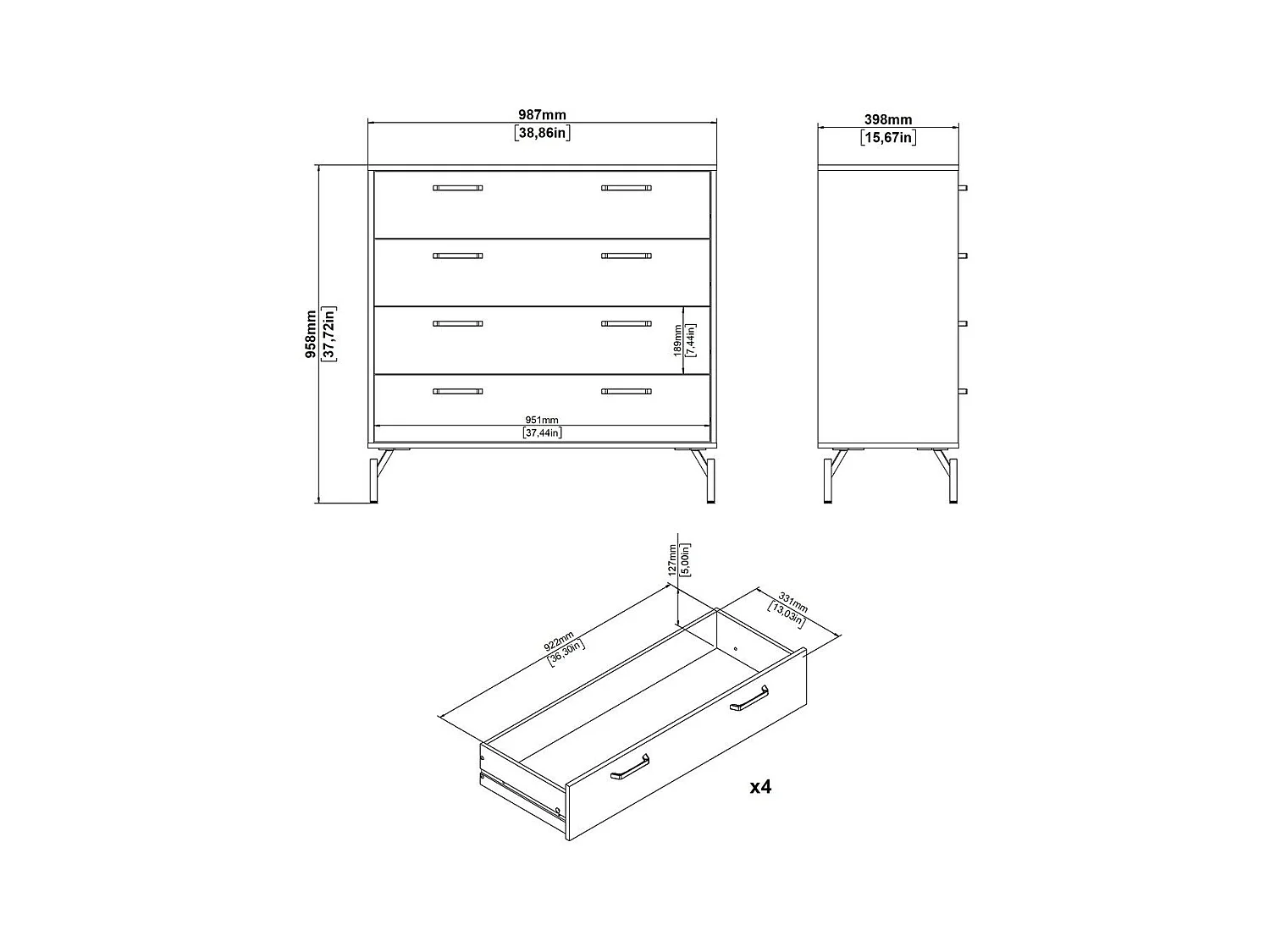 Commode 4 tiroirs noir mat avec piètement métaL H96 cm - BORA