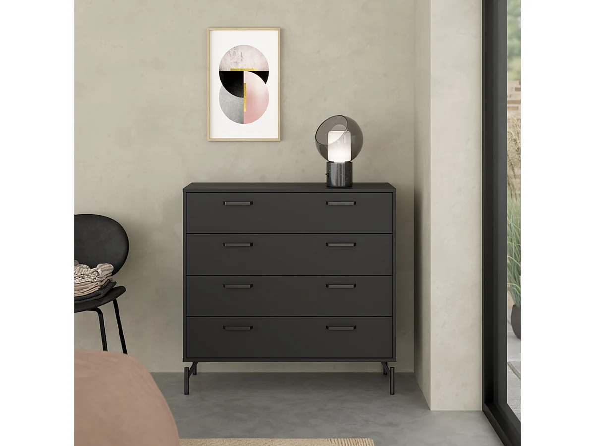 Commode 4 tiroirs noir mat avec piètement métaL H96 cm - BORA