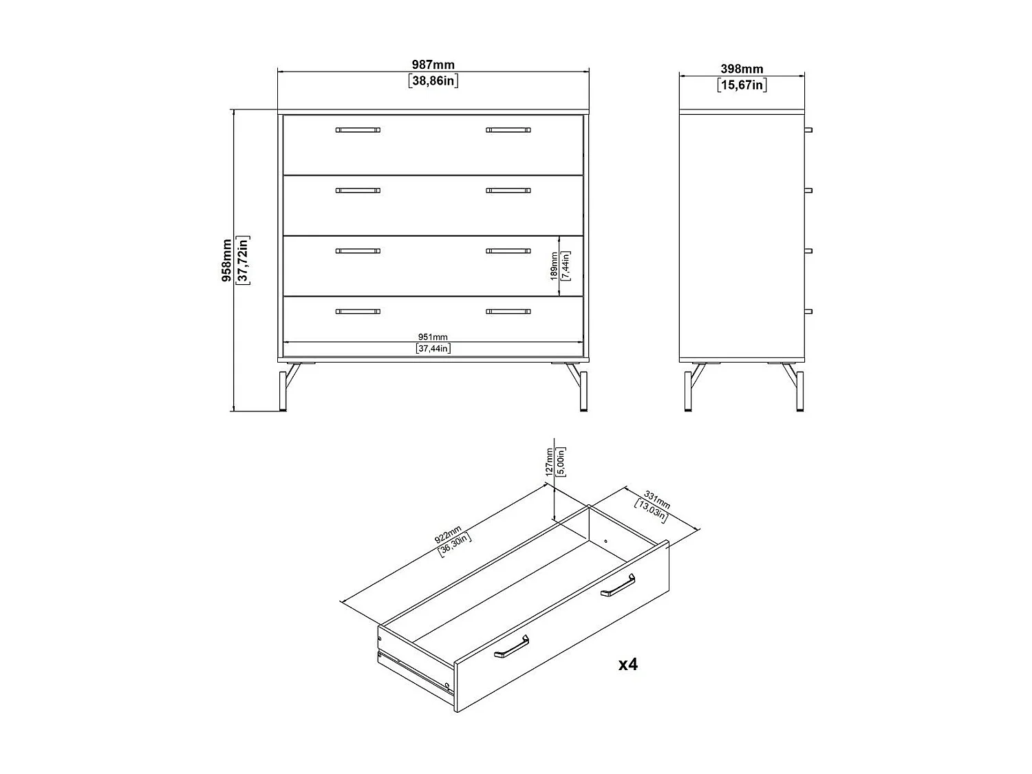 Commode 4 tiroirs noir mat avec piètement métaL H96 cm - BORA