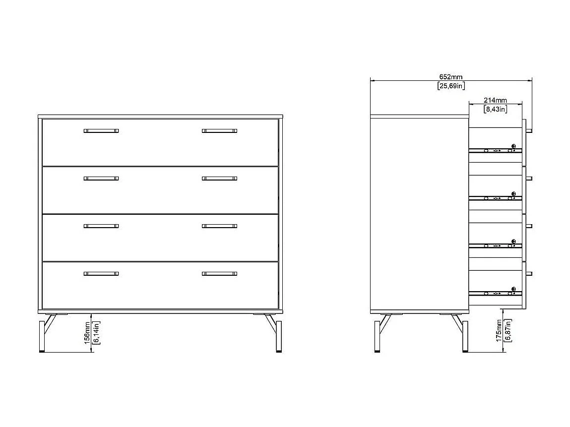 Commode 4 tiroirs noir mat avec piètement métaL H96 cm - BORA