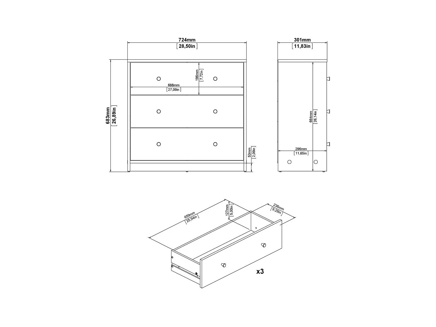 Comme 3 tiroirs L72,4 cm - LISE