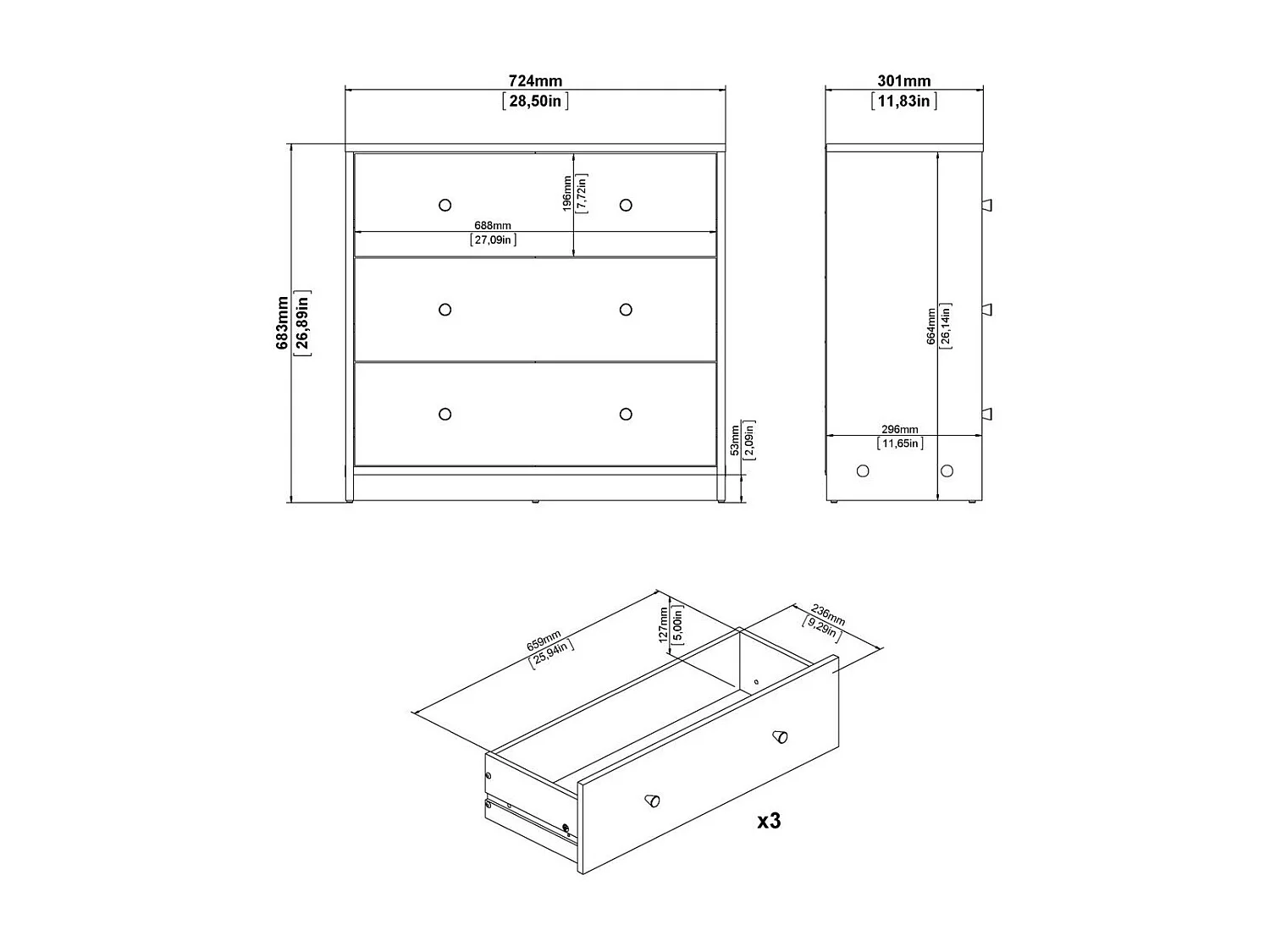 Comme 3 tiroirs L72,4 cm - LISE