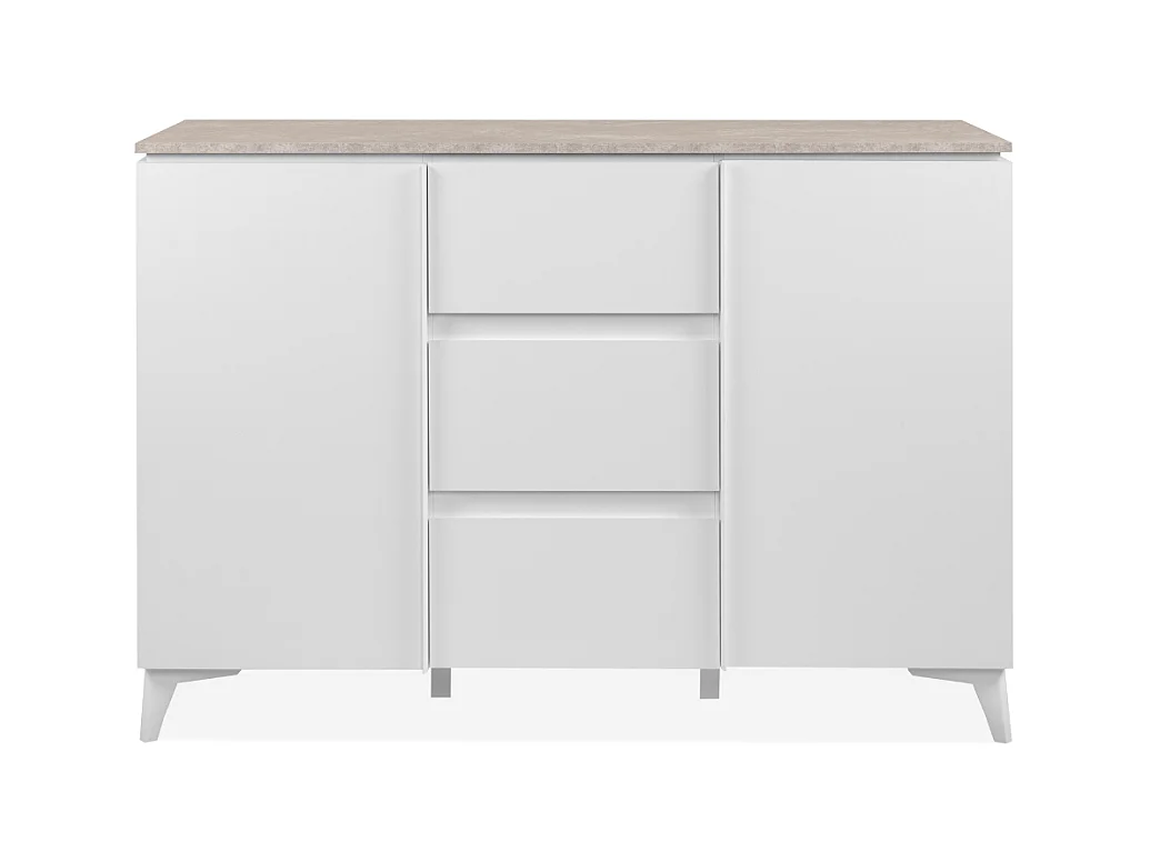Commode 2 portes et 3 tiroirs décor travertin et blanc L133cm - BERTRIX