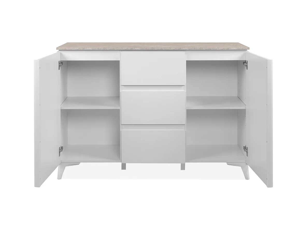 Commode 2 portes et 3 tiroirs décor travertin et blanc L133cm - BERTRIX