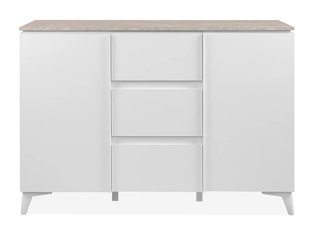 Commode 2 portes et 3 tiroirs décor travertin et blanc L133cm - BERTRIX
