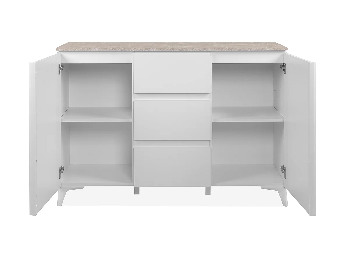 Commode 2 portes et 3 tiroirs décor travertin et blanc L133cm - BERTRIX