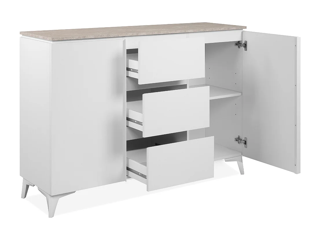 Commode 2 portes et 3 tiroirs décor travertin et blanc L133cm - BERTRIX