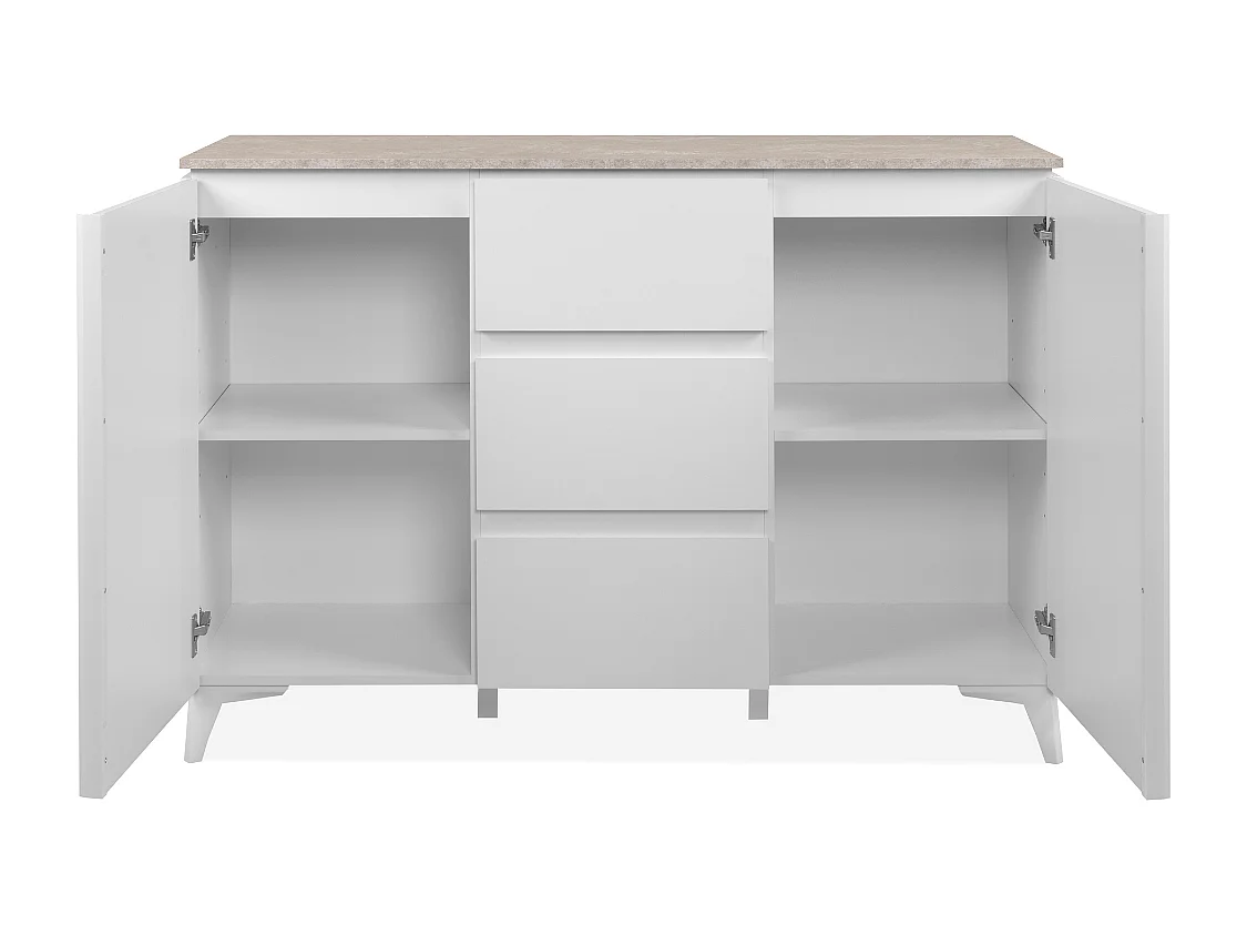 Commode 2 portes et 3 tiroirs décor travertin et blanc L133cm - BERTRIX